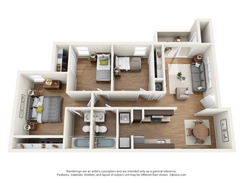 Floor plan for 3 beds, 2 baths, 1012 sqft